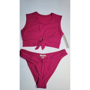 Robin Piccone Ava Tie Cropped T-Shirt Tank Swim Fuisha Hipster Bikini Set Sz M